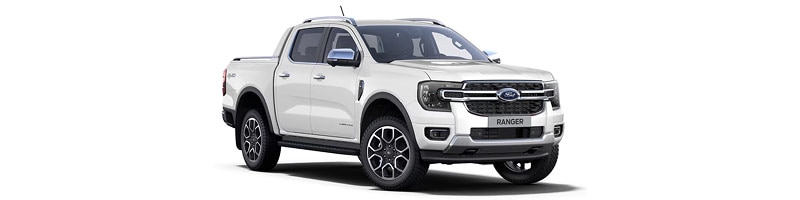 Ford Ranger branca em vista frontal de três quartos sobre fundo branco.